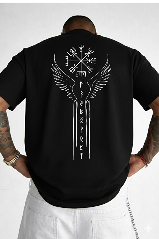 Viking Runic Symbol Printed Oversize Unisex T-Shirt – Premium Back Print, Unisex Nordic Design