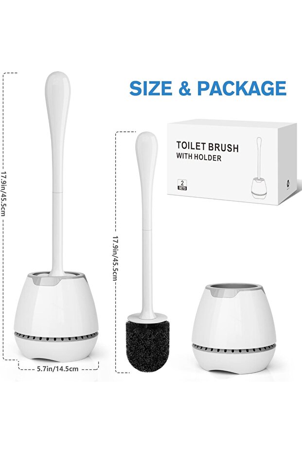 2-Pack Toilet Brush with Ventilated Holder, Long Handle Deep Cleaning Set