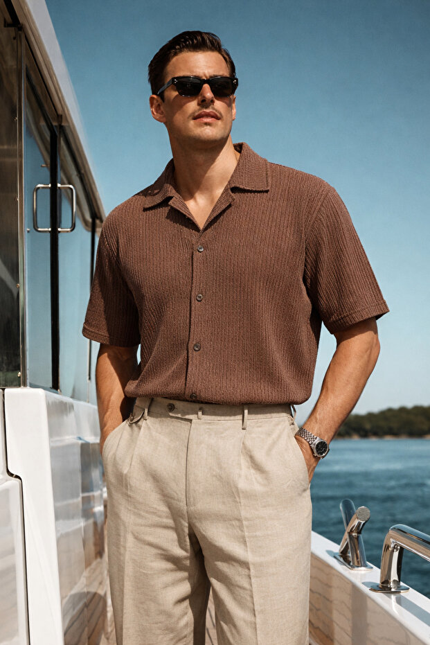 Men's Casual Oversized Brown Linen Stylish Shirt