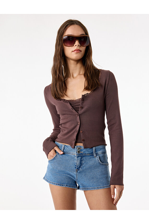 Modal Blend Lace Detailed Slim Fit Short Sleeve U-Neck Cardigan
