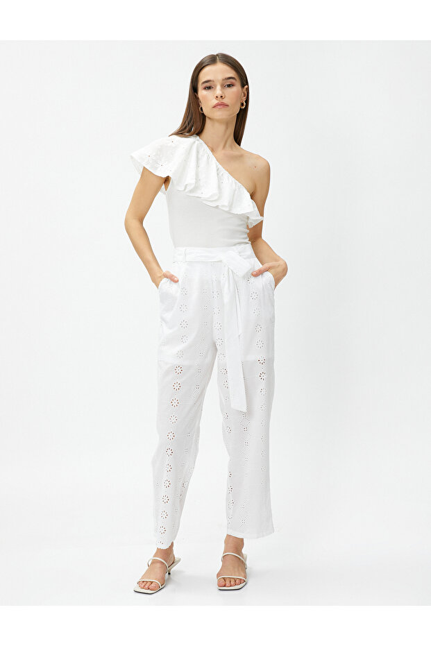 Crop Embroidery Trousers with Belt Detail