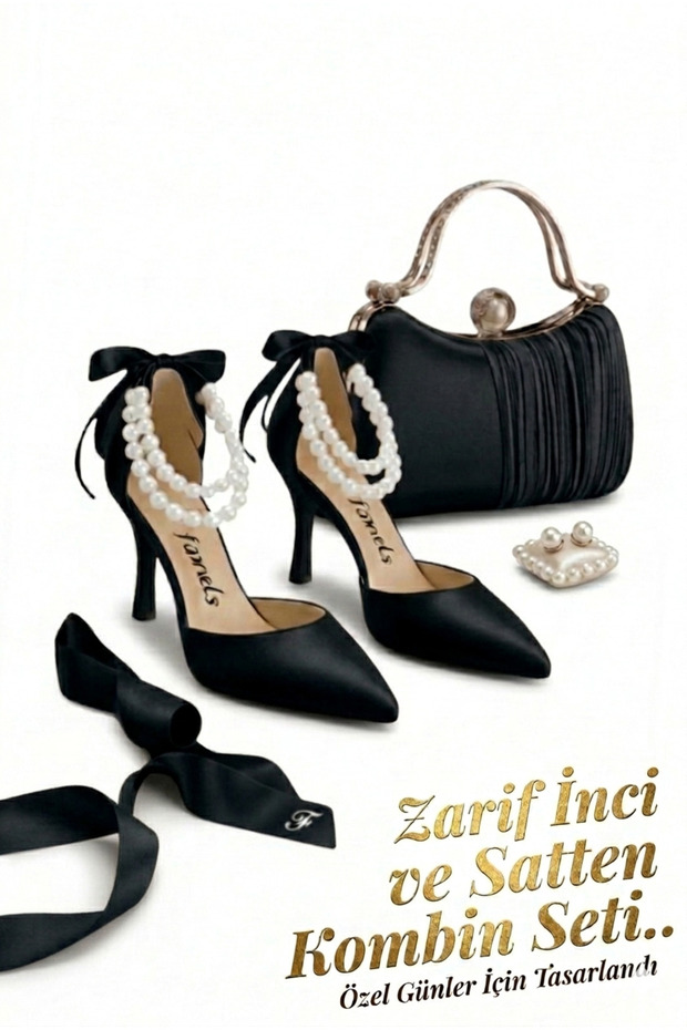 Low Heel Shoes Black Satin with Pearls and Spare Helmet Evening Dress Shoes and Rhinestone Evening Dress Bag Set