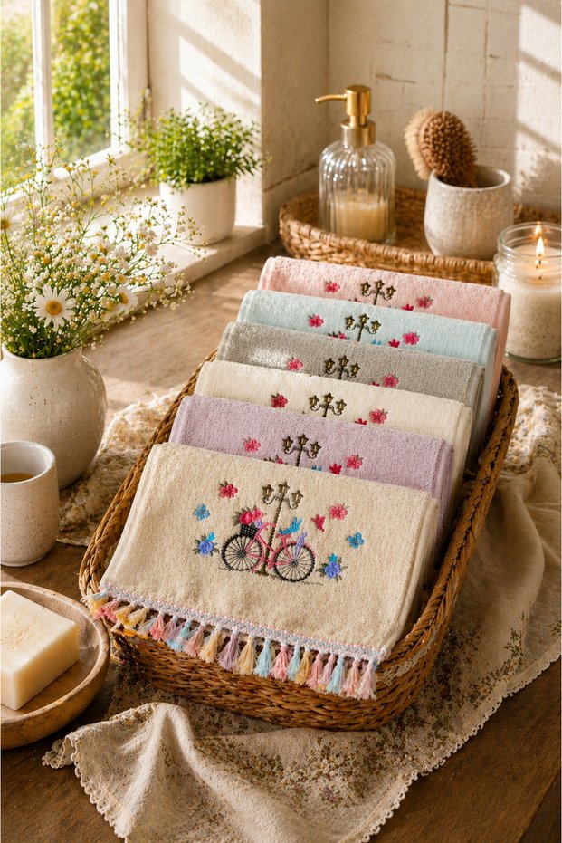 Curly Textured Hand-Tied Tasseled Kitchen Towel | 30X50 cm | 6 Pieces | 100% Cotton | Daily & Dowry Life
