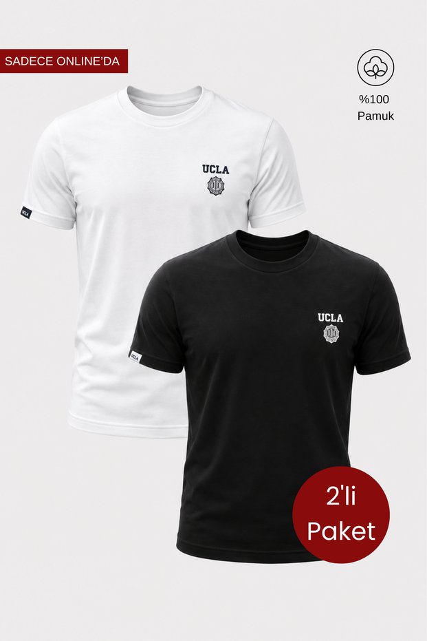 Bass Set of 2 White & Black Crew Neck Printed 100% Cotton Standard Fit Men's T-Shirts