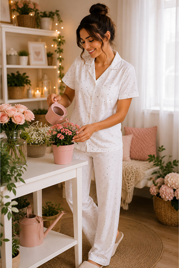 Women's White Buttoned Pajama Set Short Sleeve Comfortable Home Wear