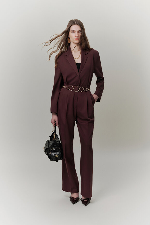 Belted Buttoned Blazer Jacket Burgundy - 2