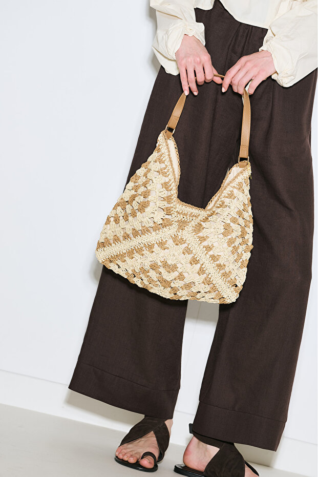 Patterned Wicker Handbag Beige - 3