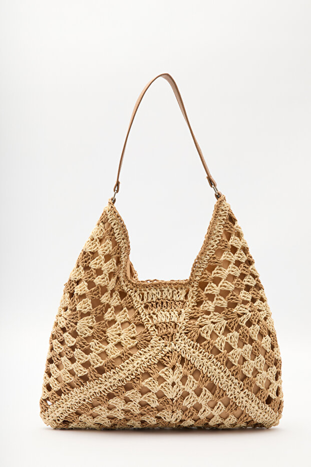 Patterned Wicker Handbag Beige - 7