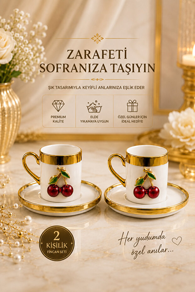 2 Person 4 Piece Gold Plated Gilded Cherry Coffee Cup Set 100ml