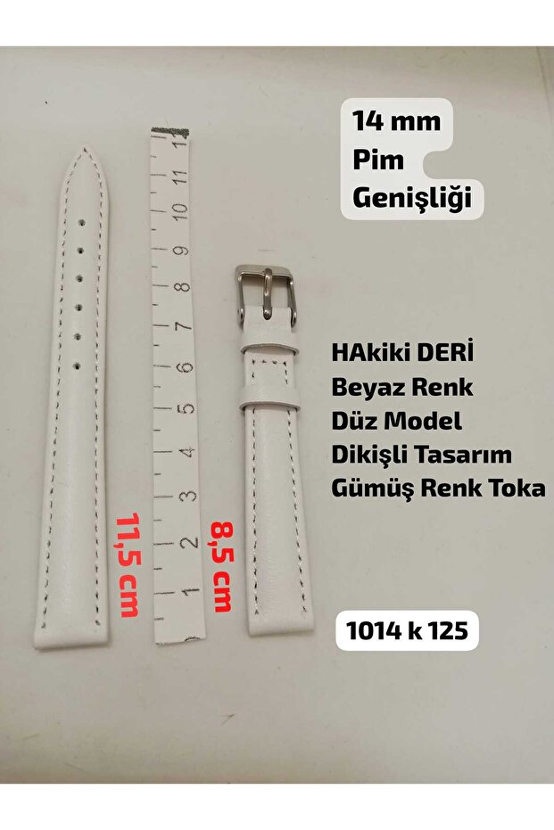 14 mm Compatible Watch Strap, Genuine Leather, White Color Stitched Model, Silver Color Buckle