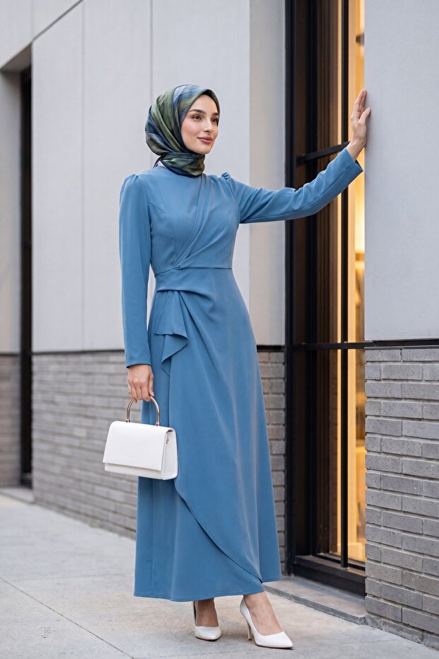 Asymmetrical Crepe Dress with Allerli Skirt - Blue