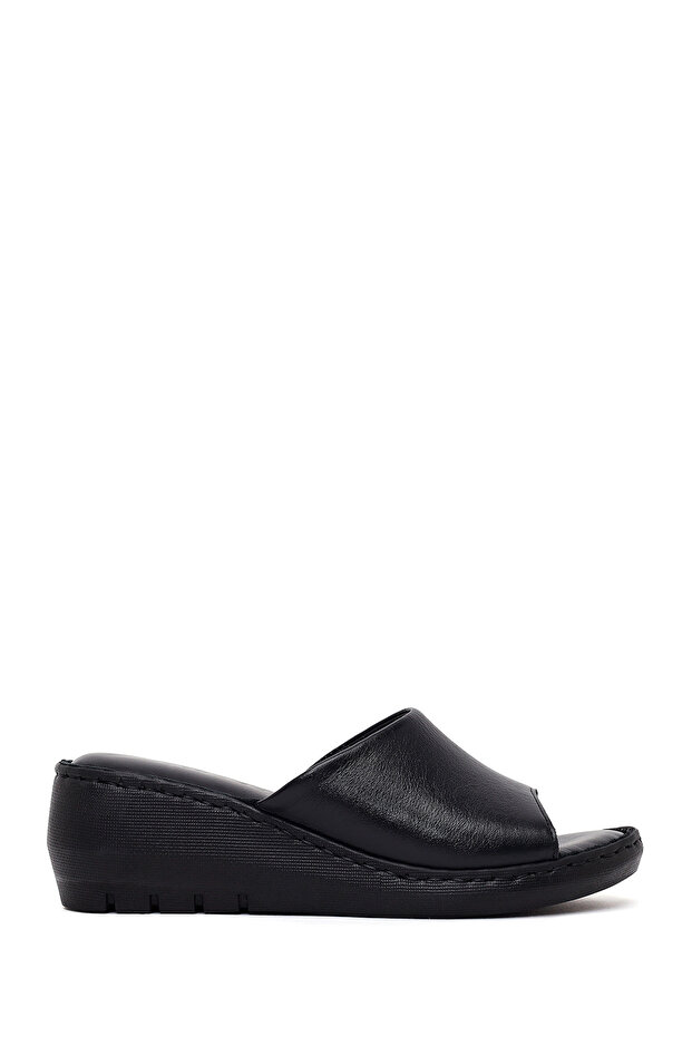 Women's Black Wedge Heeled Leather Comfort Slippers 26Sfd321518