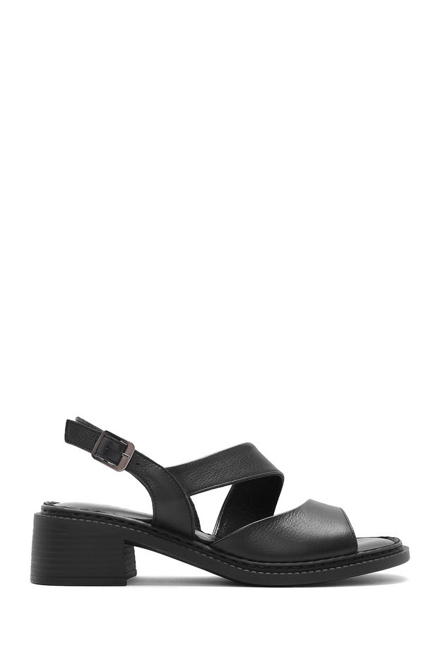 Women's Black Ankle Buckle Short Heeled Leather Sandals 26Sfd340818