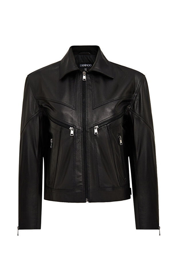 Vanessa Women Black Shirt Collar Short Oversized Leather Jacket 25Wgd5325U4