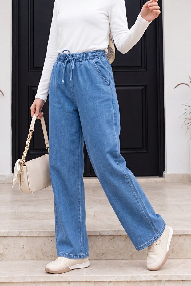 Elastic Waist Pocketed Wide Leg Jeans - Blue