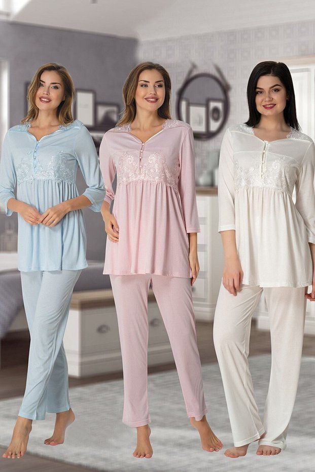 Effort Women's Blue Lace Detailed Maternity Pajama Set 3011