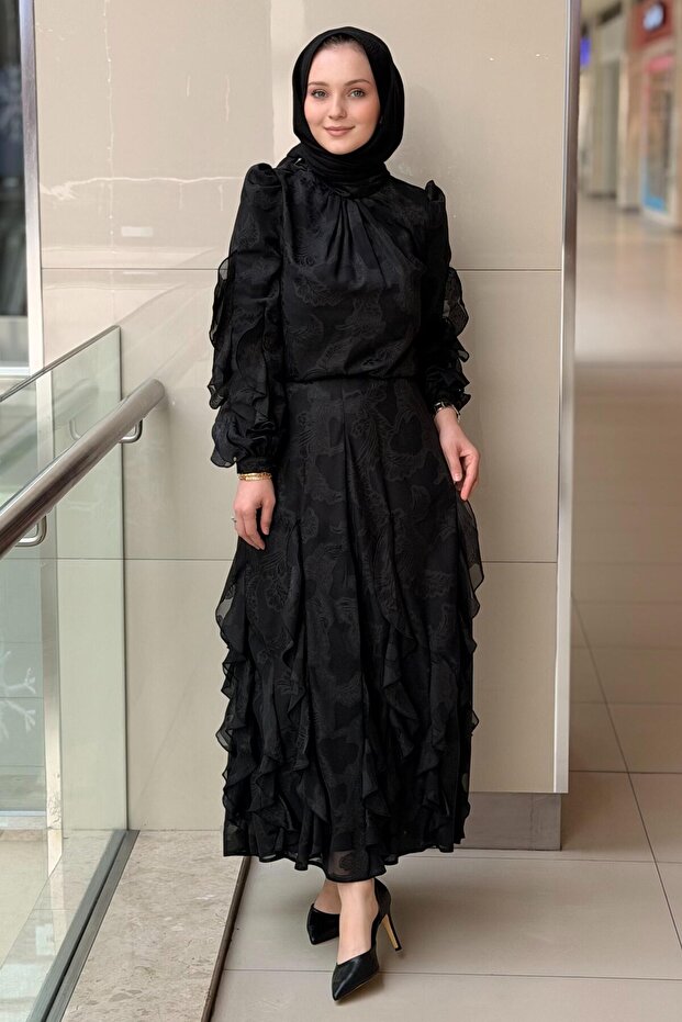 Jacquard Ruffle Detailed Organza Blouse Skirt Set