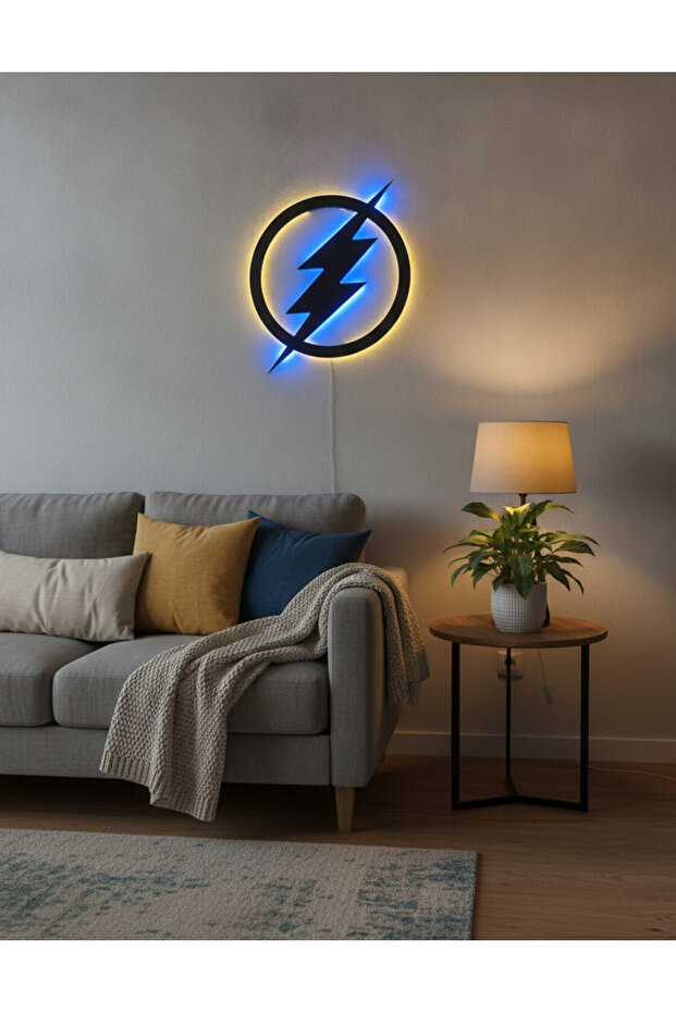 Şimşek Figürü LED Aydınlatmalı Tablo | Modern Soyut Duvar Dekoru | MDF Enerji Temalı Genç Odası Tablosu - 2