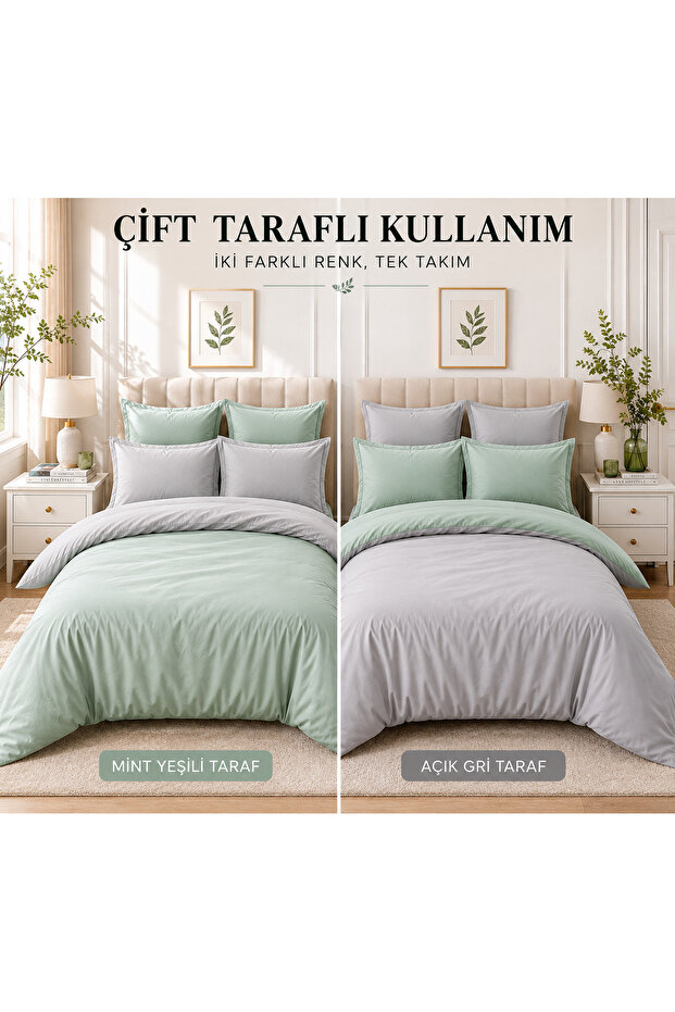 Mint Green-Grey Yarn Dyed Double Color Double Duvet Cover Set and 2 Pillowcases (Without Sheets)
