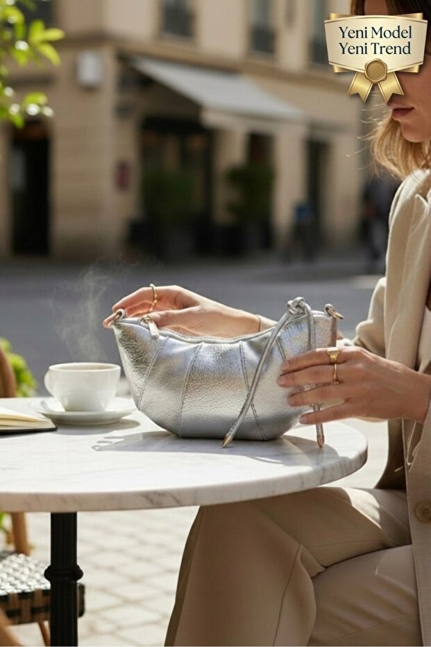 Bohemian Style Shiny Silver Wrinkled Leather Detailed, Croissant Model Lined Small Size Women's Shoulder Bag