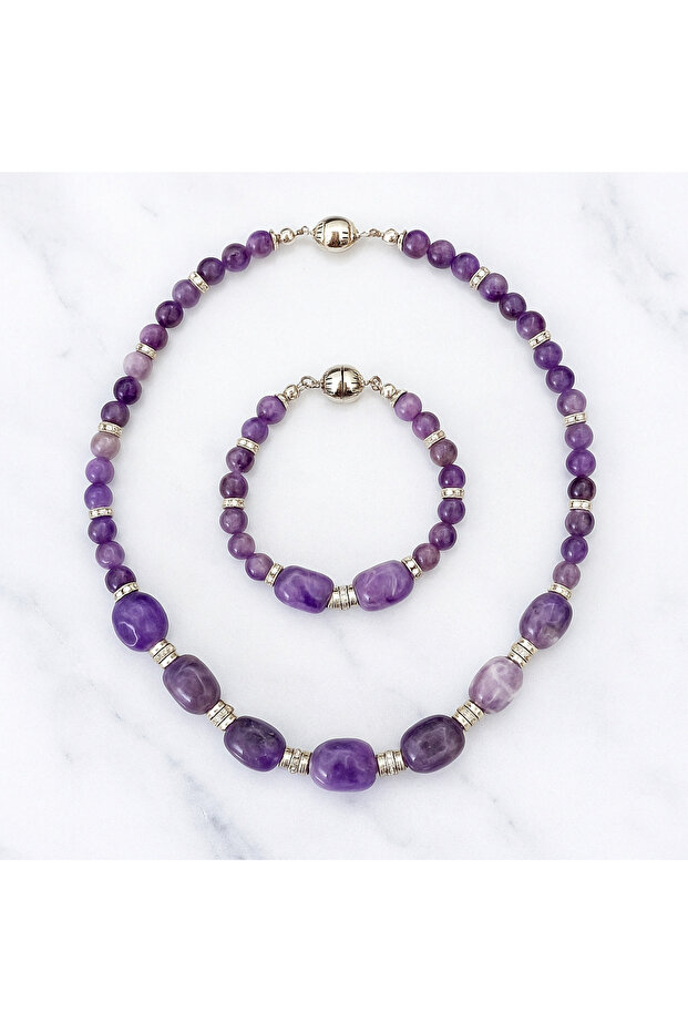 Amethyst Stress and Negative Energy Shield Premium Necklace Bracelet Set