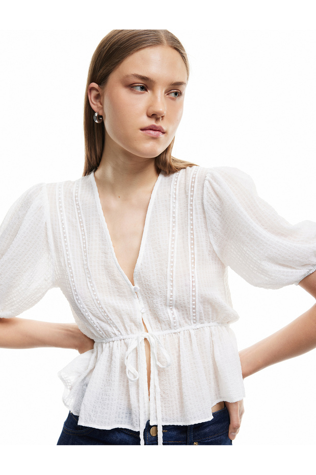 V-Neck Half Balloon Sleeve Front Tie Detail Blouse