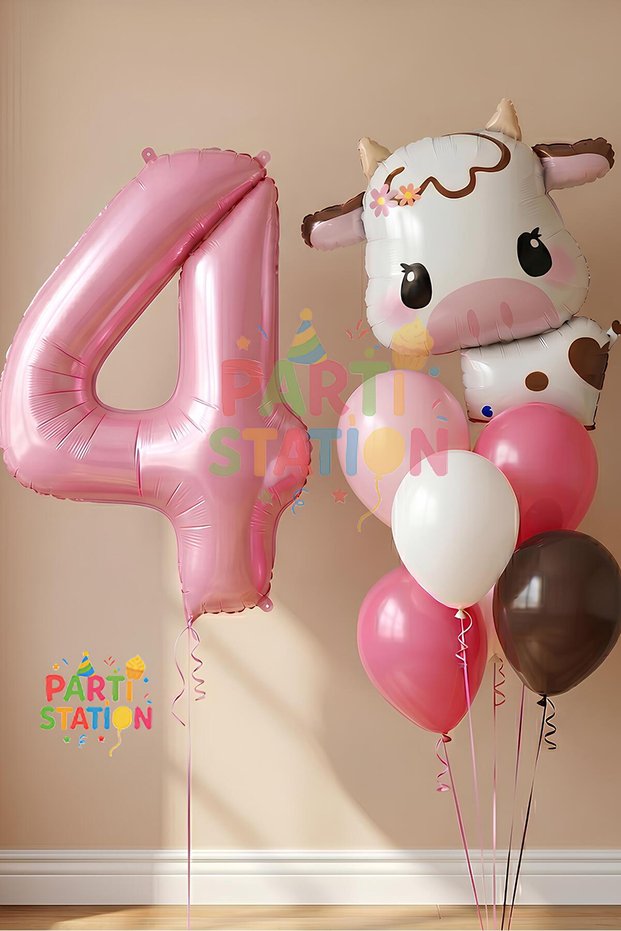 Safari Concept Cute Cow and Pink Number Balloon Set 4 Years Old Safari Cow Concept Birthday Balloon Set