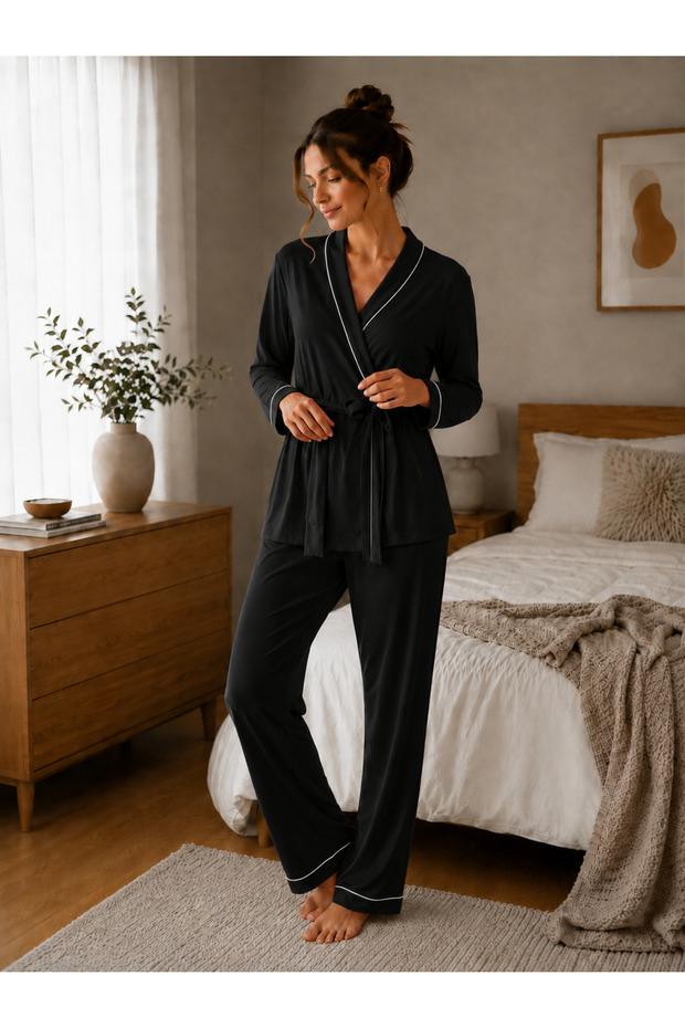 Black Piping Pajama Set