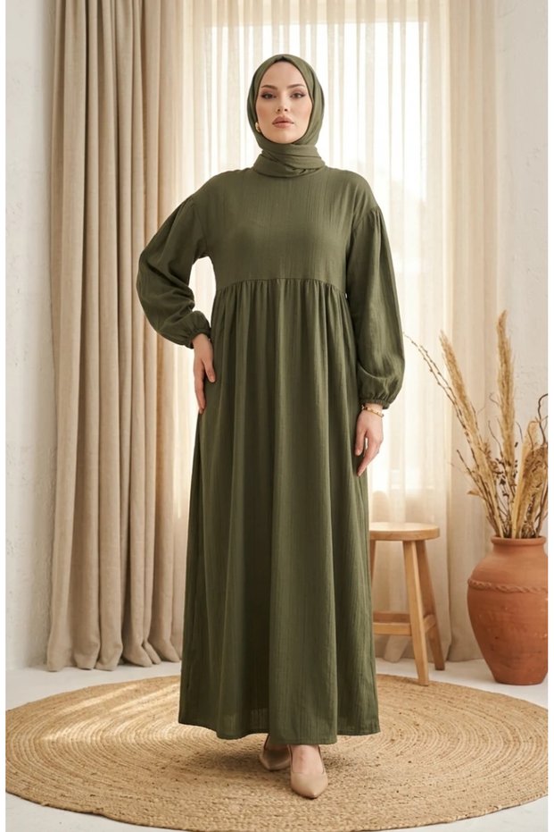 Krinkil Fabric Gathered Hijab Dress 2283-01 Green