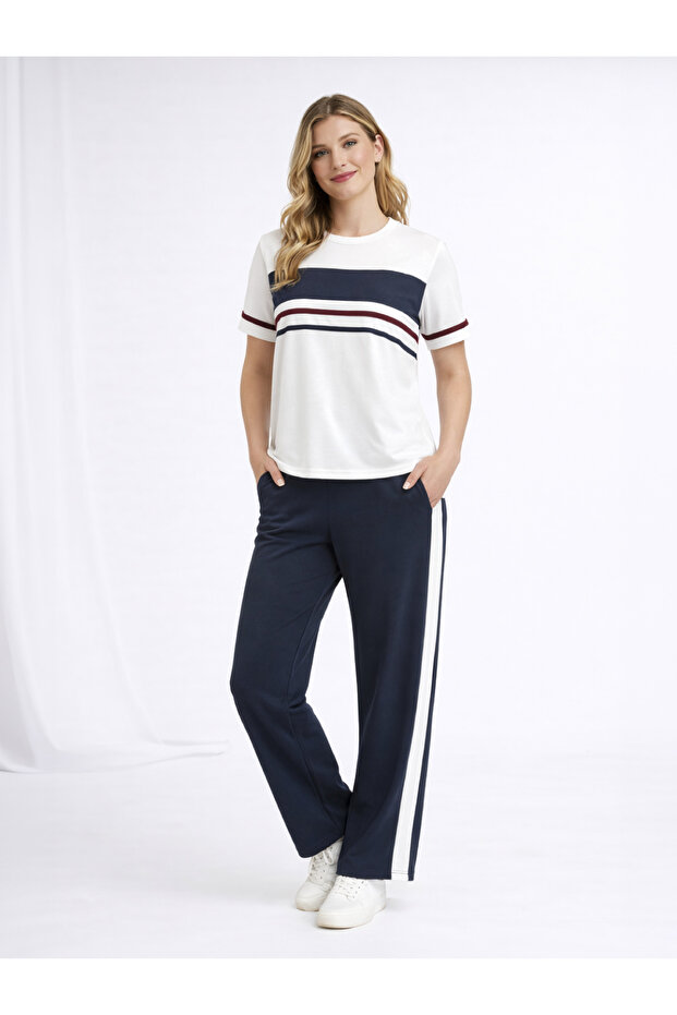 Women's Stripe Detailed Short Sleeve Premium Modal Top and Bottom Tracksuit Set - Anthracite