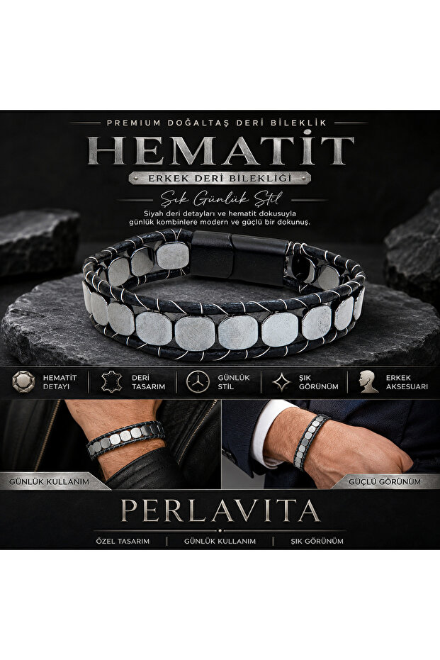 Premium Natural Stone Design Leather Bracelet Series – Real Natural Stone Hematite Men's