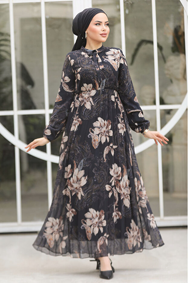Floral Patterned Black Hijab Dress 50355S