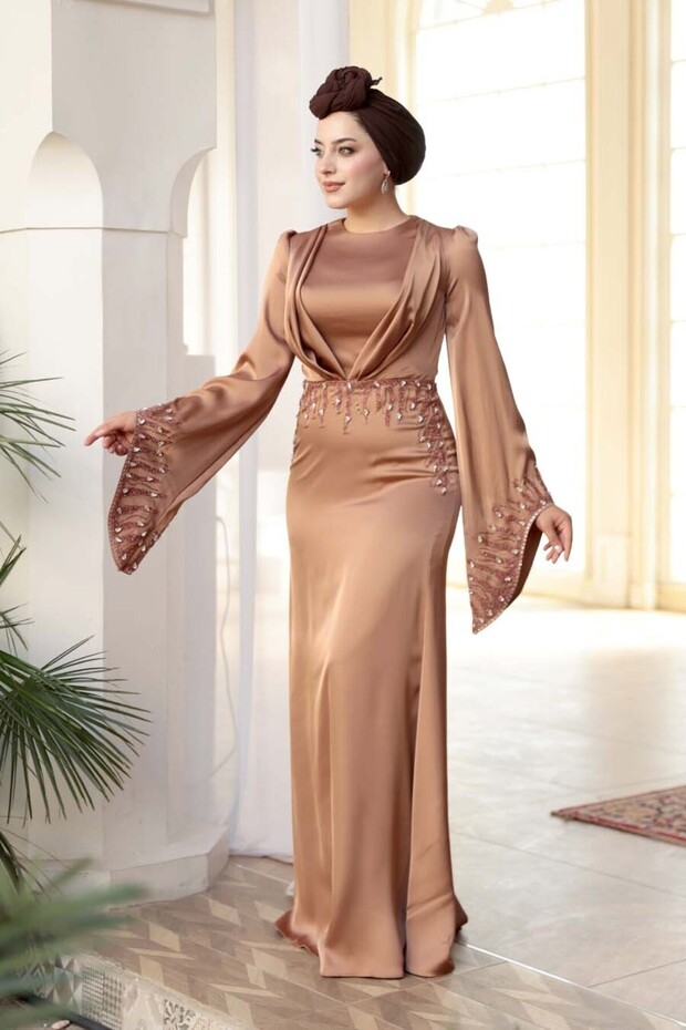 Stone Embroidered Camel Hijab Satin Evening Dress 5337C