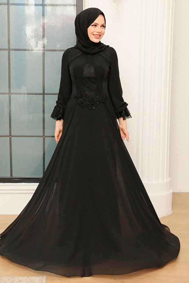 Beaded Black Hijab Evening Dress 753S