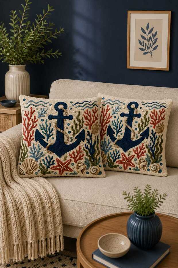 Marine Anchor Patterned Decorative Throw Pillow Cover Set of 2 43X43 cm Marine Concept