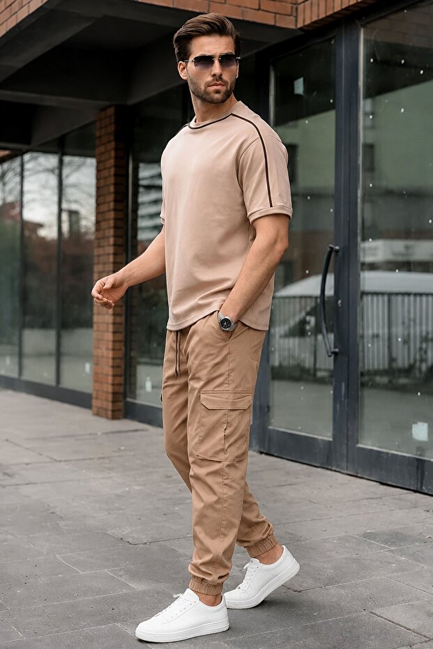 Beige Slim Fit Cargo Pocket Men's Trousers 5447