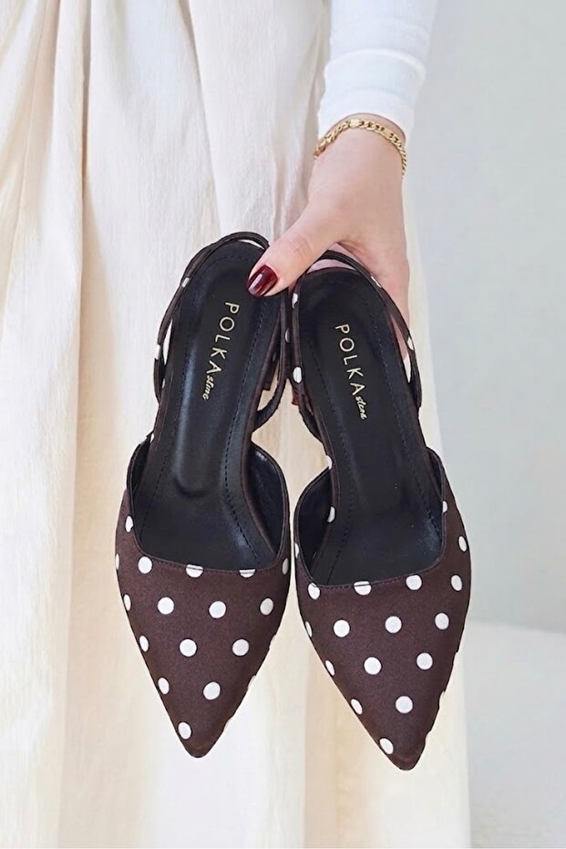 Blush Brown Polka Dot Pointed Toe Short Block Heeled Women's Shoes