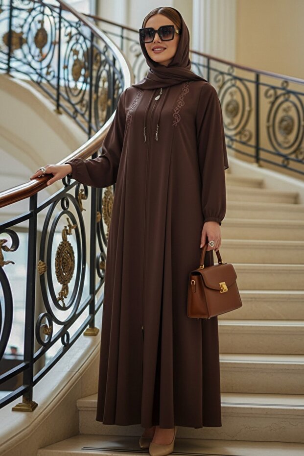 Zippered Brown Hijab Robe 45311Kh