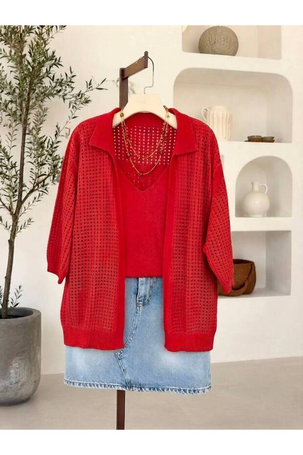 Women's Mercerized Comfortable Fit Front and Back V-Neck Strappy Tank Top and Cardigan Set