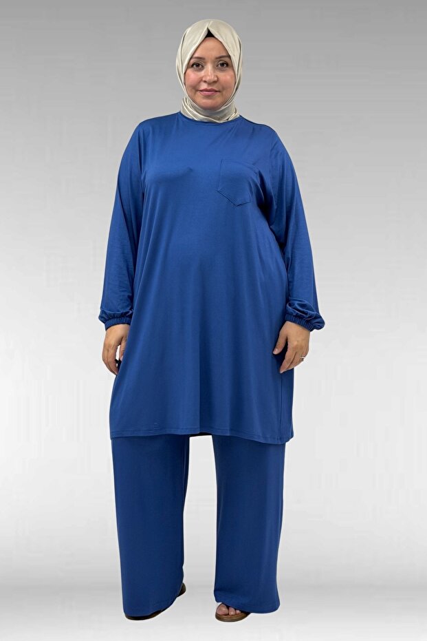 38014 Large Size Indigo Basic Combed Cotton Tunic