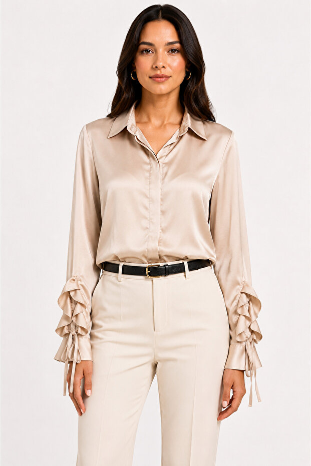 Women's Satin Shirt Long Sleeve Lace Sleeve Stylish Blouse - Stone
