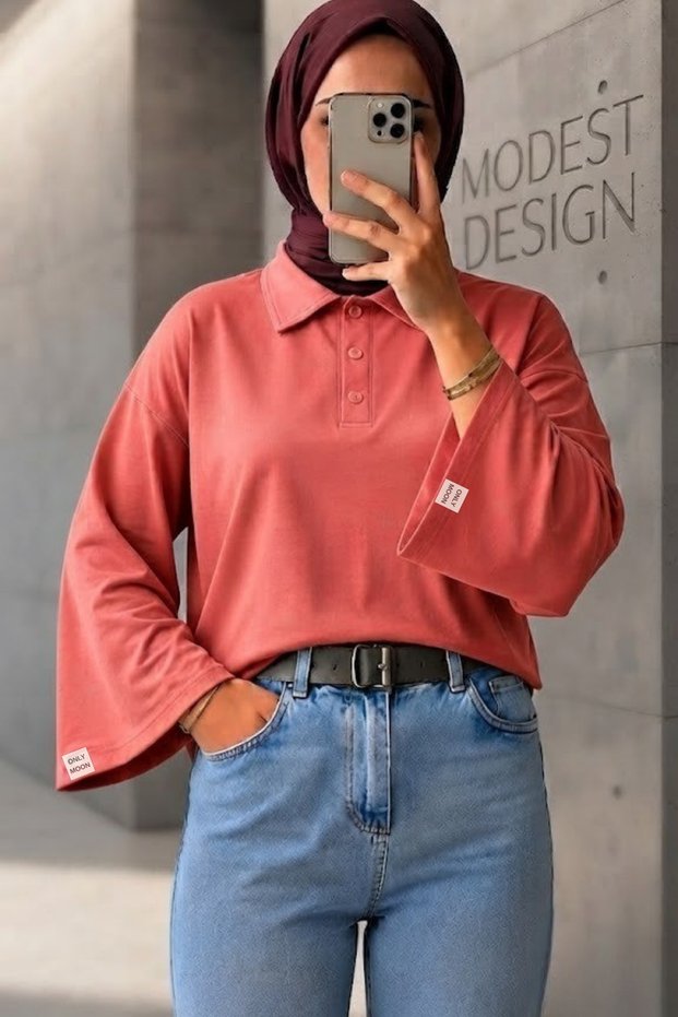Polo Collar Wide Sleeve Combed Cotton Body Women's Hijab Blouse Oversize Long Sleeve Button Detail Relaxed Fit Daily Basic Sweat Modern Stylish Hijab Top Seasonal Wear