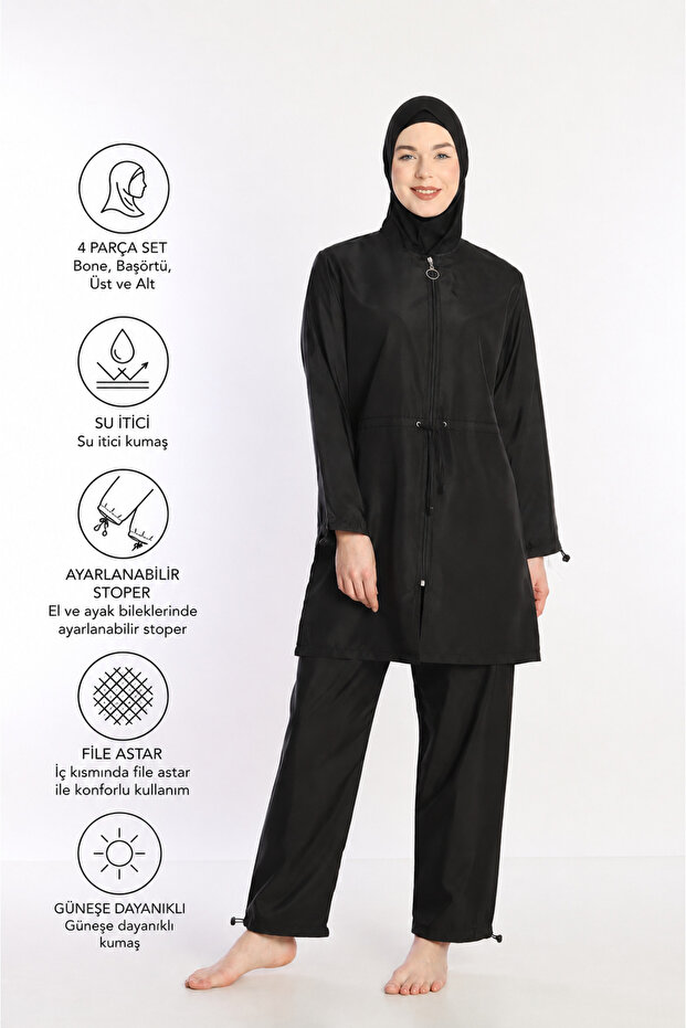 Black 4-Piece Fully Covered Water-Repellent Quick-Drying Zippered Parachute Hijab Swimsuit