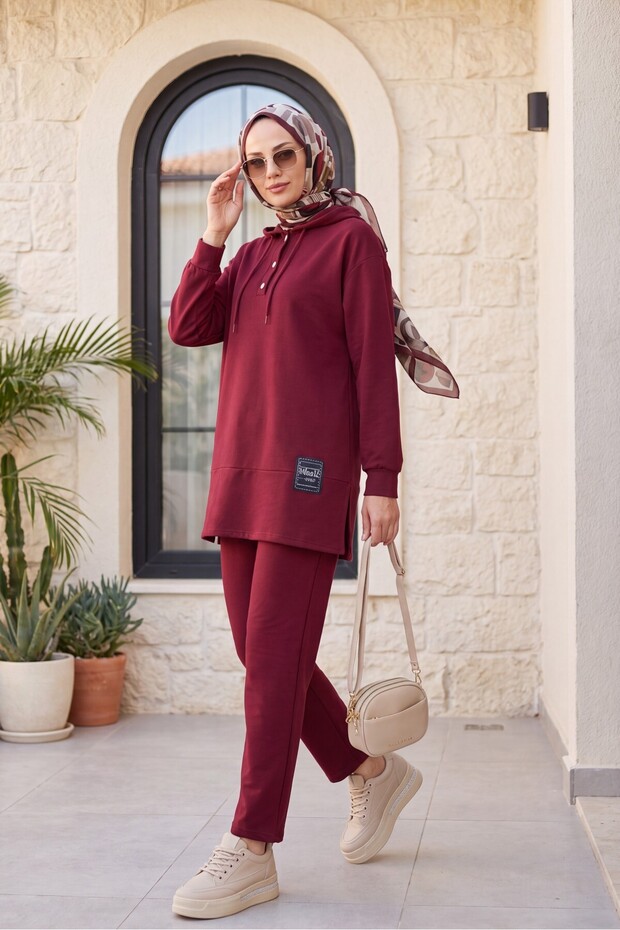 Snap-Fastened Arma Detailed Double Combed Cotton Set - Burgundy