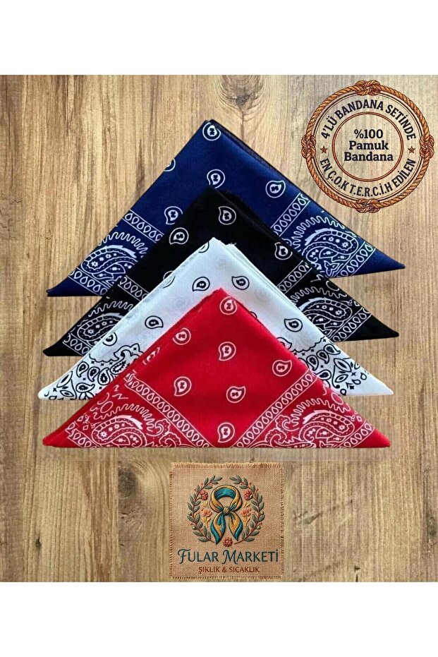 4 Pieces Ethnic Patterned Bandanas - 100% Cotton Black White Red Navy Blue