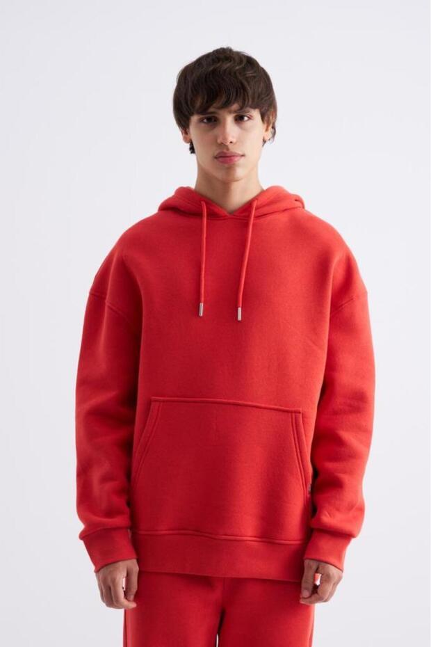 Erkek Oversize Basic Kapüşonlu Sweatshirt Kırmızı