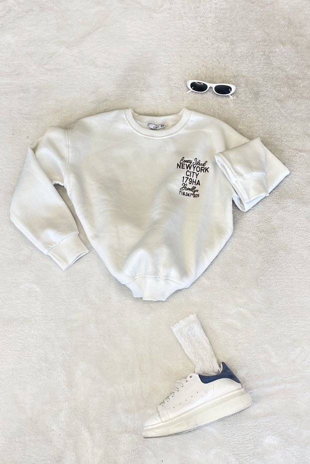 Chest Lettering Embroidery Elastic Hem Sweatshirt - Ecru Ekru