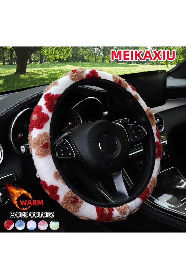 Red 1 Winter Warm Comfort Plush Flower Car Without Inner Ring Steering Wheel Cover for 14.5-15 Inch