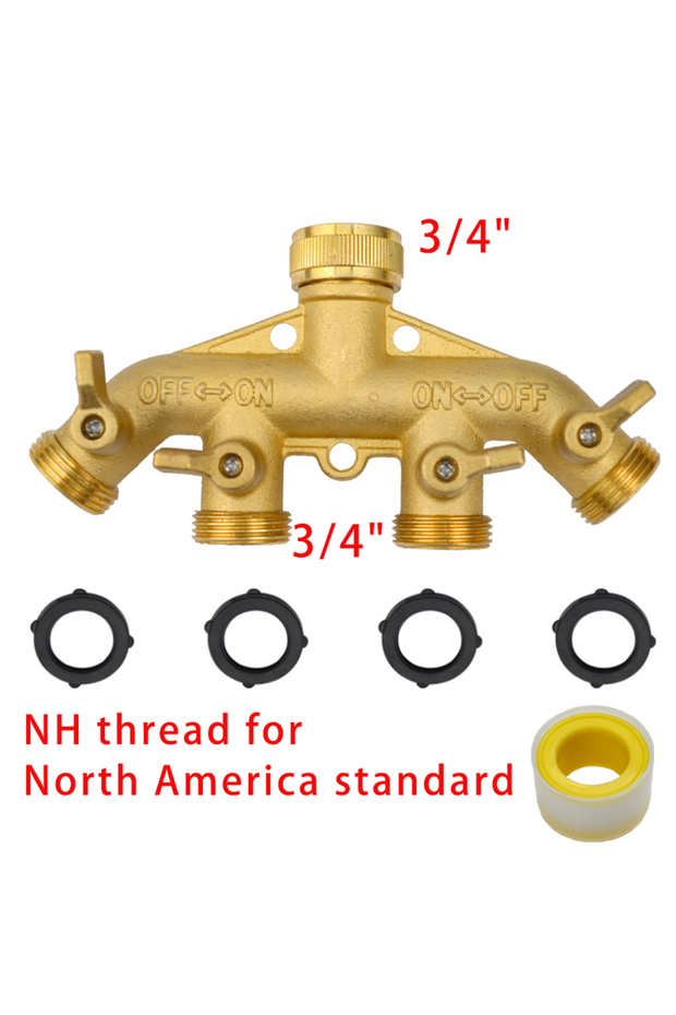 3/4'' 4 Way USA Heavy Duty Brass 1-2-4 Way Splitter Garden Hose Hexagonal Connector with Comfortable