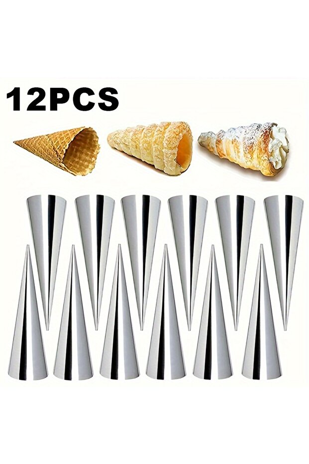 12 PCS-SET 8/12-Piece Stainless Steel Cream Horn Molds, Heavy-Duty Baking Cones for Ice Cream Croiss